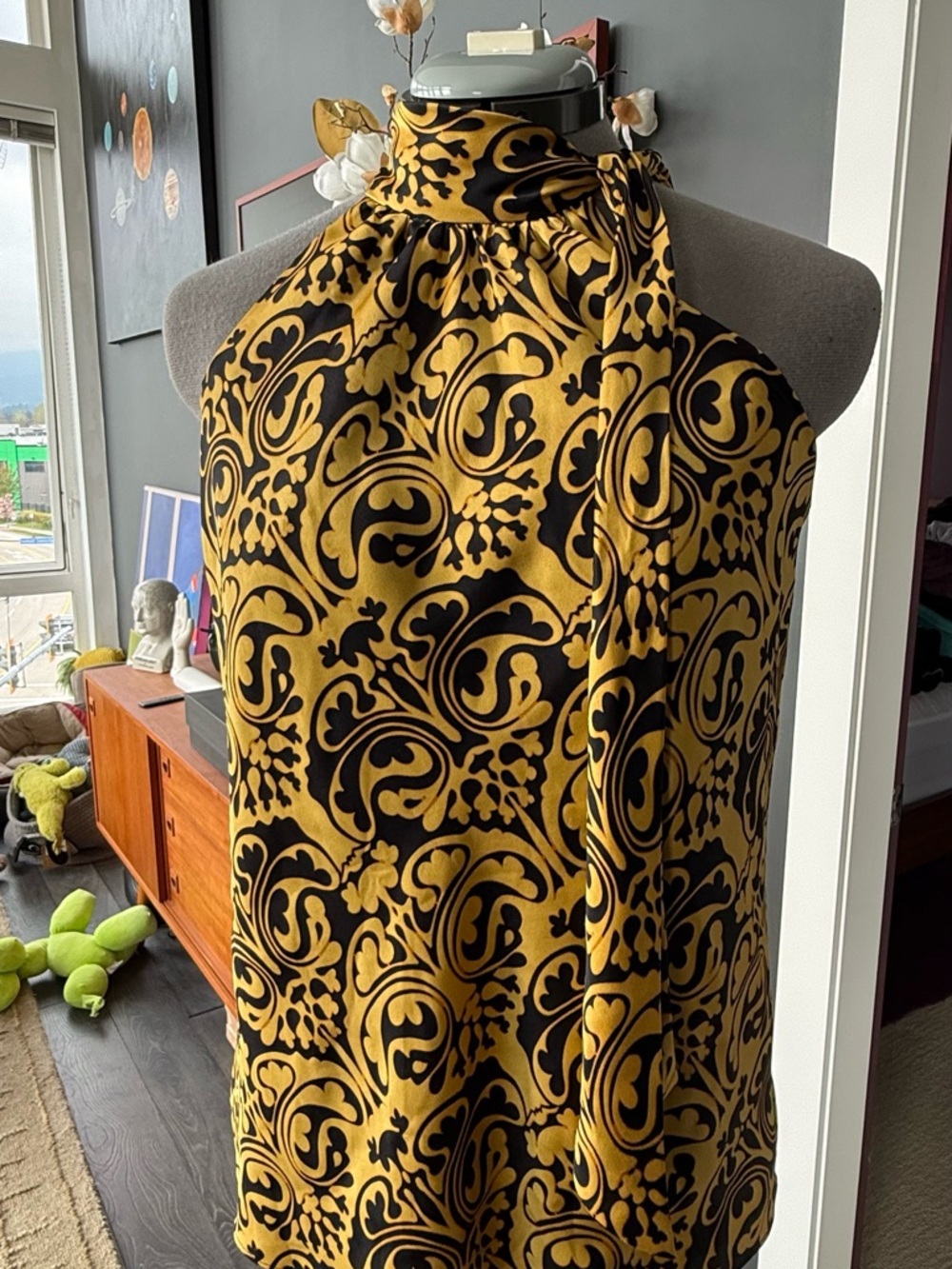 INC International Concepts Black and Mustard-Gold Silk Halter Top